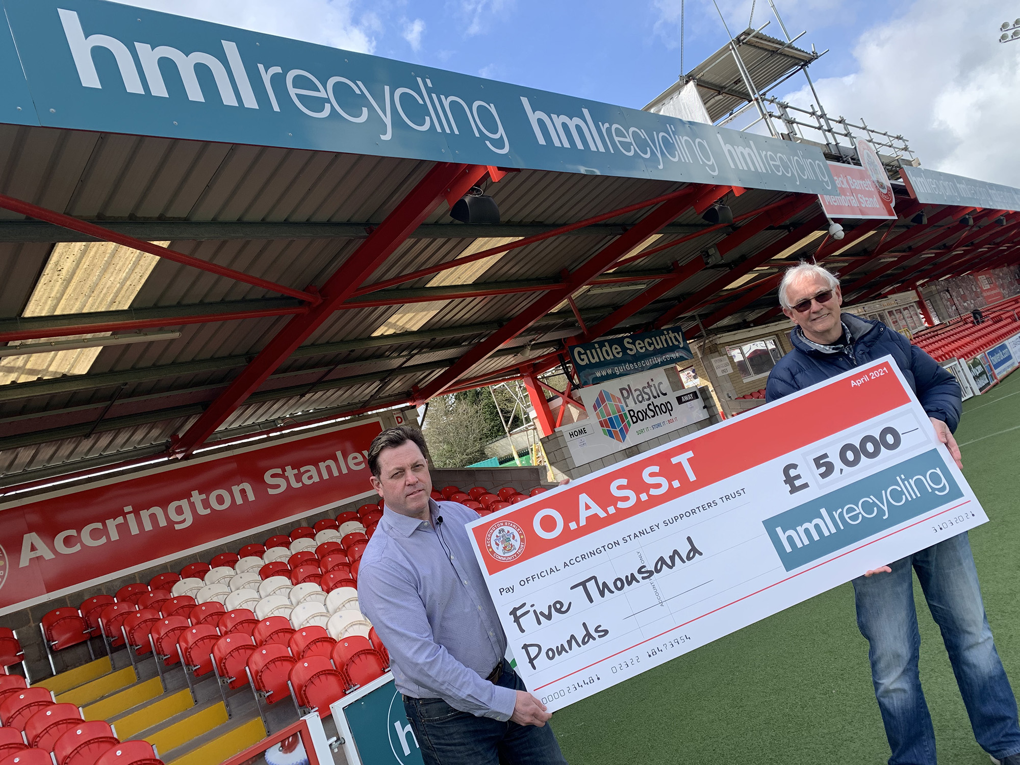 HML RECYCLING DONATE A GENEROUS £5000 TO THE OFFICIAL ACCRINGTON STANLEY SUPPORTERS TRUST
